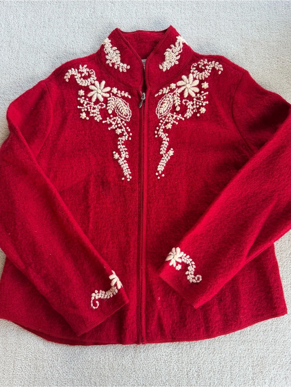 Coldwater Creek PL Red 100% Wool Jacket Embroidered Christmas Tree Full Zip
